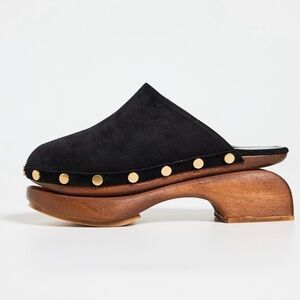 STAUD Black and Brown Mules with Gold Accents